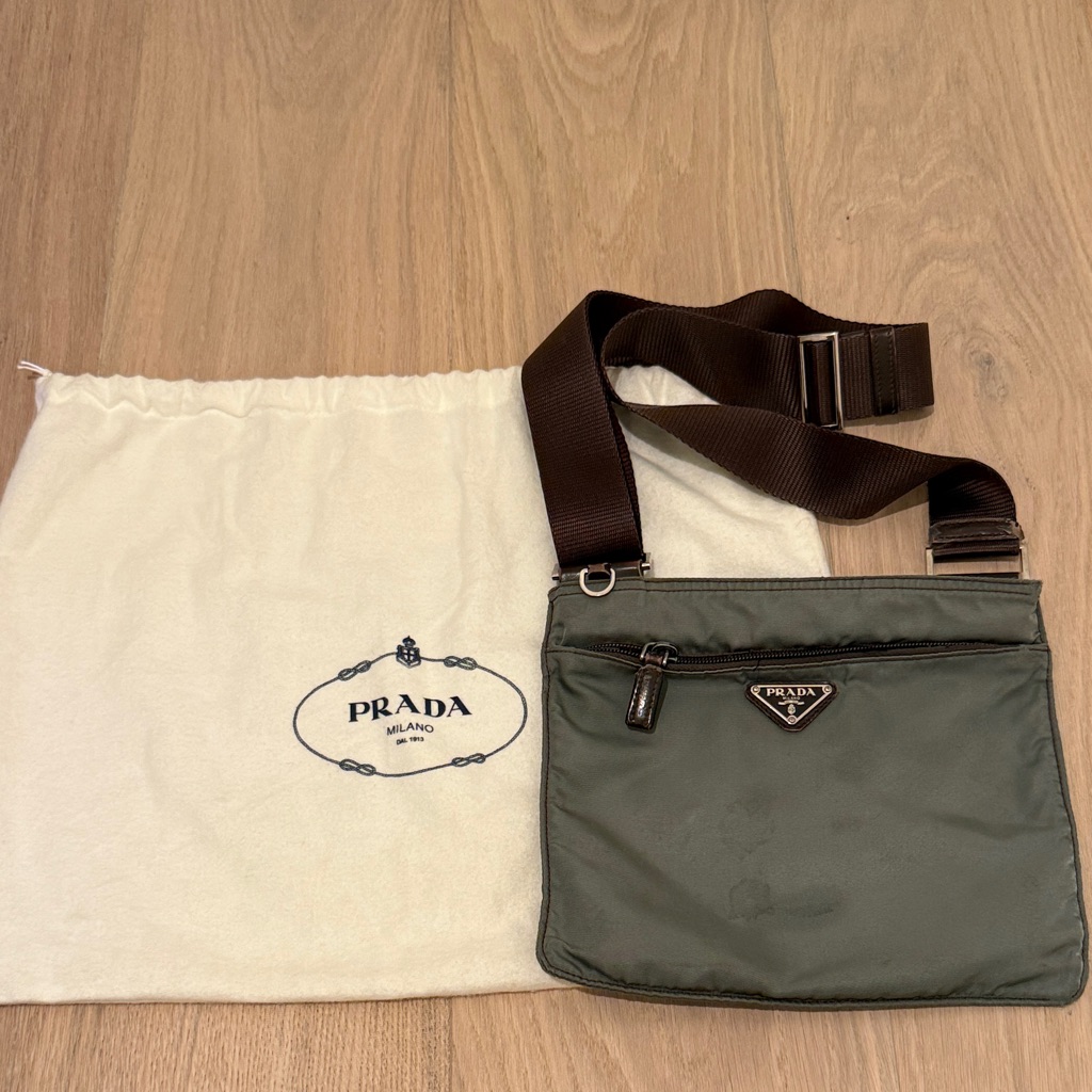 Vintage Prada Vela Nylon Crossbody Gray Brown Messenger Bag